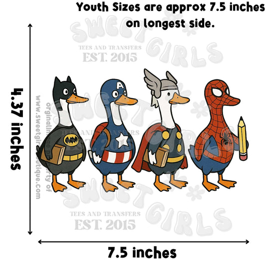 Superhero Duck DTF Heat Transfer – Fun Comic-Inspired Ducks with Capes & Masks Holding School Books – Back to School Iron-On for Kids & Adults