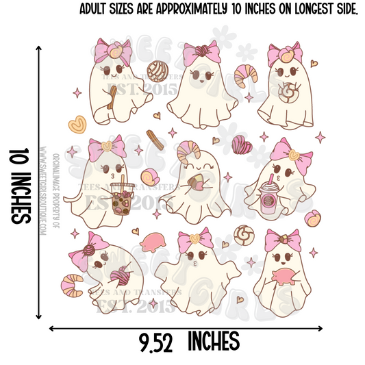 Sweet Bakery Ghosts Heat Transfer – Kawaii Halloween Ghosts with Cupcakes, Boba, Donuts, and Bows – Ready to Press DTF for Fall Tees, Totes, and DIY Gifts