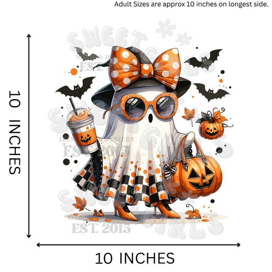 Trendy Ghost Girl DTF Transfer – Pumpkin Purse, Coffee, Sunglasses – Ready to Press