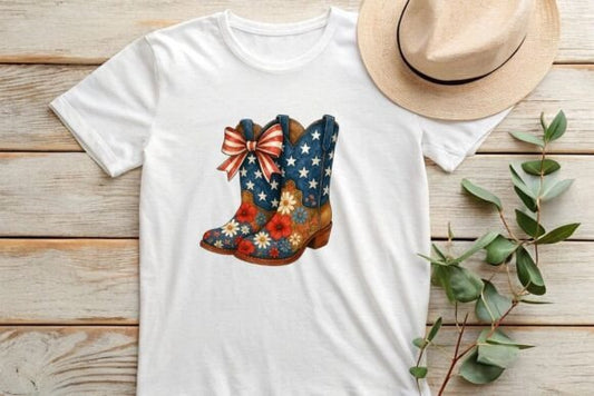 American Cowgirl Boots T-Shirt – Patriotic Floral Bow Western Tee
