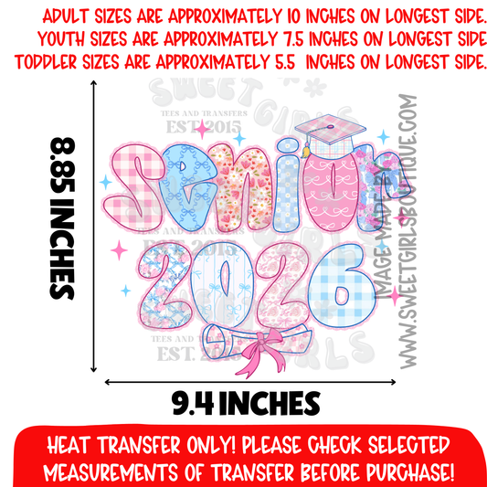 Senior 2026 Graduation Heat Transfer DTF Iron On Cute School Shirt Design Class of 2026