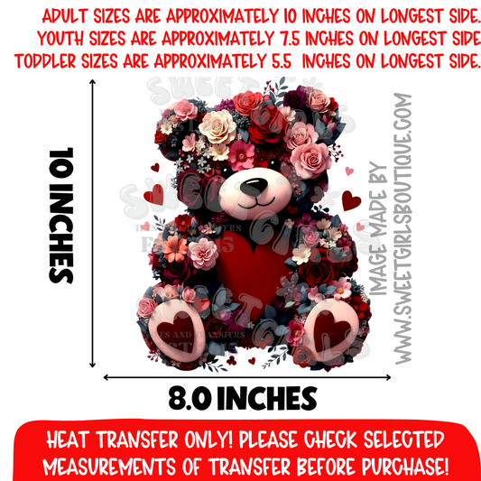 Floral Valentine Bear DTF Heat Transfer Cute Teddy Bear Heart Design Iron On Transfer