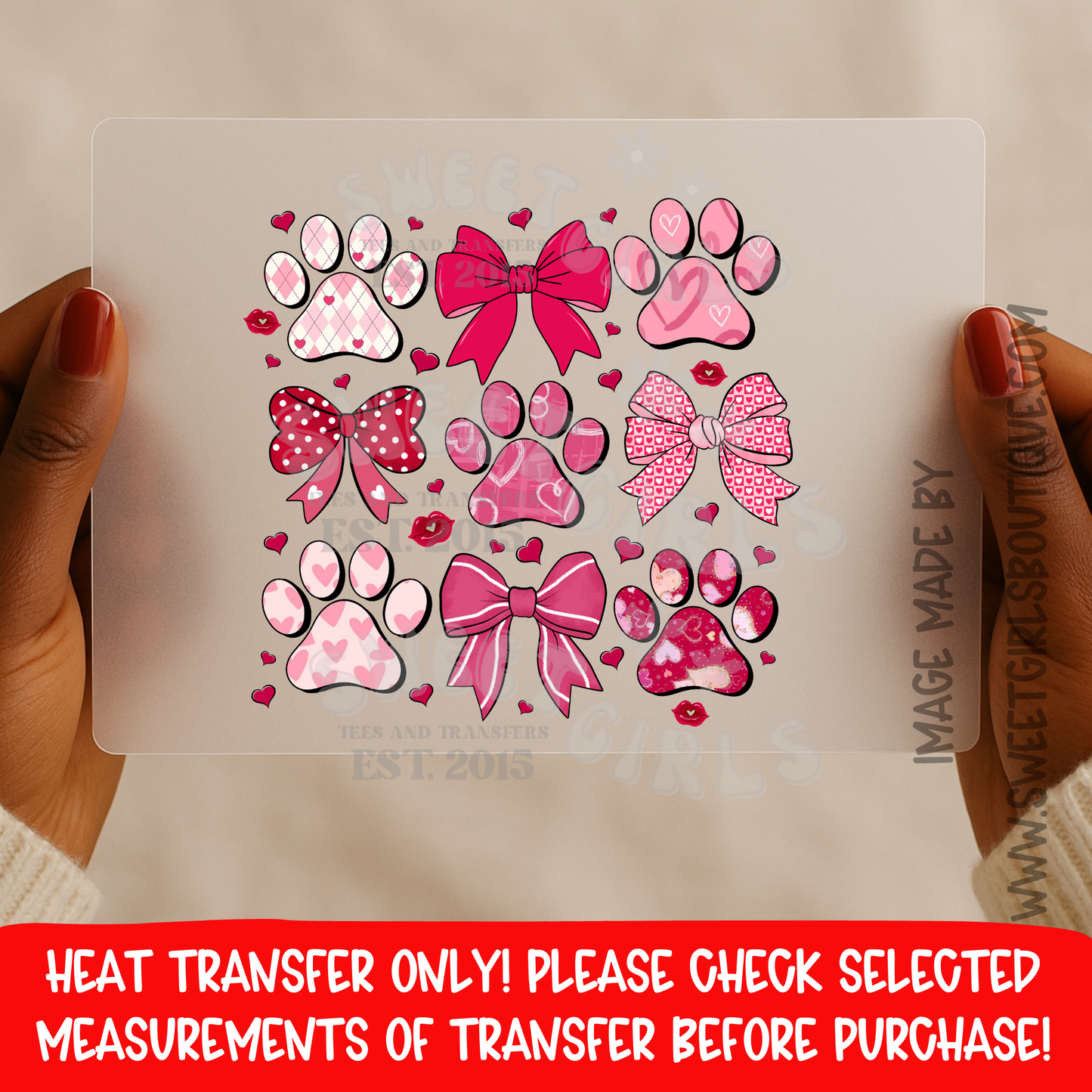 Valentine Paw Print Bow Heat Transfer Dog Mom Cat Mom Pet Lover Cute Valentine Shirt Design dtf heat transfer iron on applique printable transfer sublimation alternative no weeding vibrant colors cold peel custom shirt design