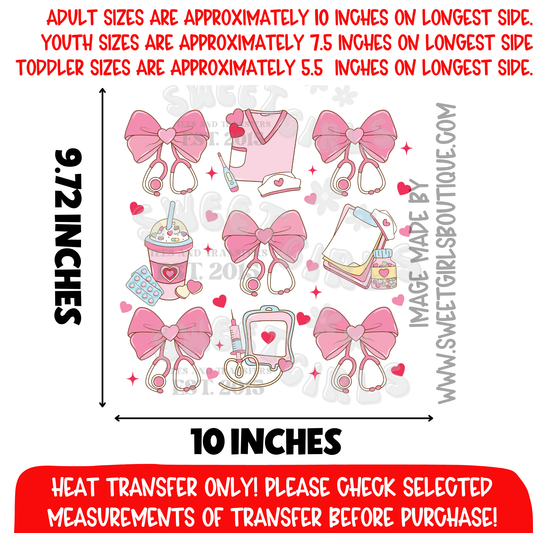 Pink Medical Bow Heat Transfer Healthcare Worker Hospital Scrubs Cute Girly Medical Shirt Design dtf heat transfer iron on applique printable transfer sublimation alternative no weeding vibrant colors cold peel custom shirt d
