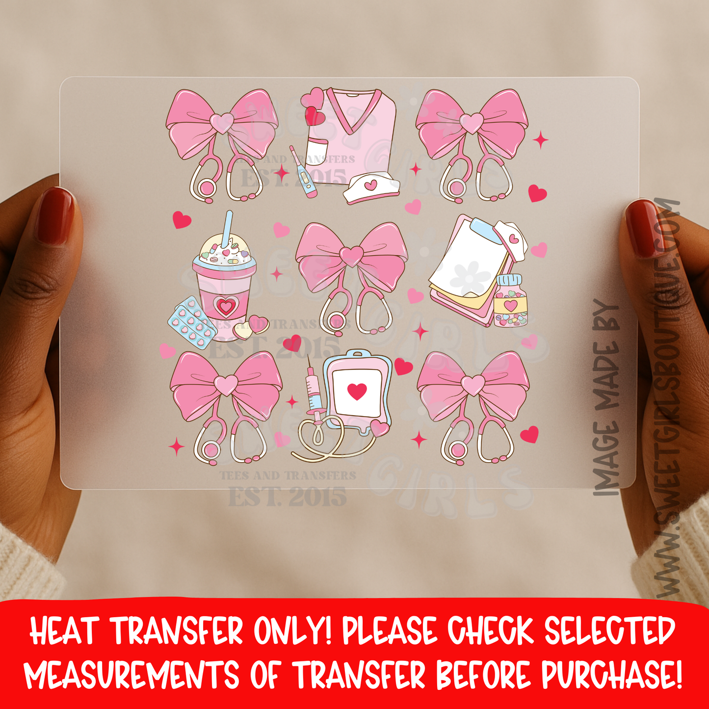 Pink Nurse Shot Icons Heat Transfer Nurse Life Medical Bow Healthcare Shirt Design dtf heat transfer iron on applique printable transfer sublimation alternative no weeding vibrant colors cold peel custom shirt design craft su