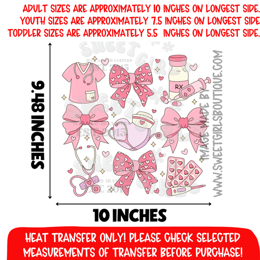 Pink Nurse Shot Icons Heat Transfer Nurse Life Medical Bow Healthcare Shirt Design dtf heat transfer iron on applique printable transfer sublimation alternative no weeding vibrant colors cold peel custom shirt design craft su