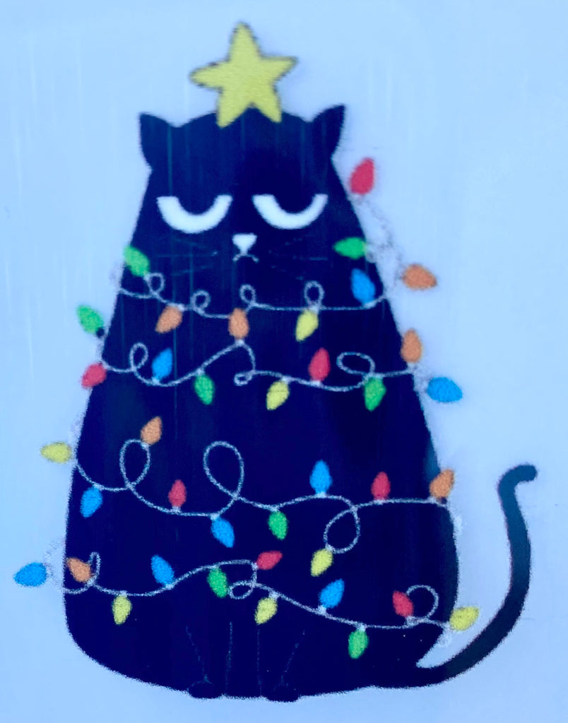 Black Cat Wrapped in Christmas Lights DTF Print