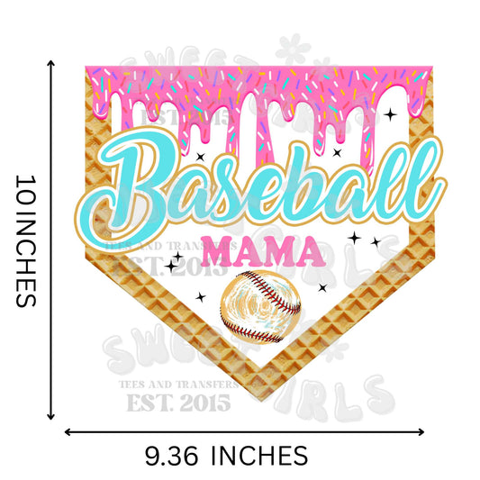 Baseball Mama Heat Transfer – Pink Drip Waffle Cone Home Plate Design – Ready to Press for Shirts, Totes, and DIY Gifts – Sporty Summer Mom Style