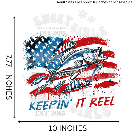 Keepin' It Reel DTF Heat Transfer – Patriotic Fishing American Flag Design – Ready to Press Iron-On for Outdoorsmen, 4th of July Shirts, and Summer Gear