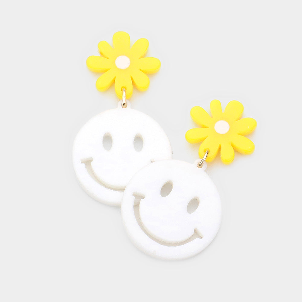 White Resin Flower Happy Link Dangle Earrings