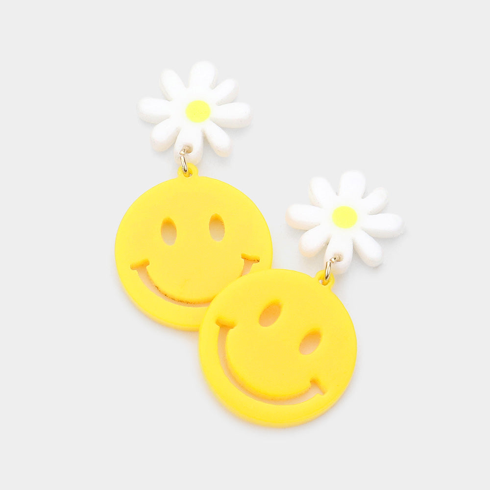 Yellow Resin Flower Happy Link Dangle Earrings
