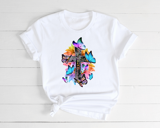Faith Cross with Butterflies Adult Tee, Raglan, or Sweatshirt