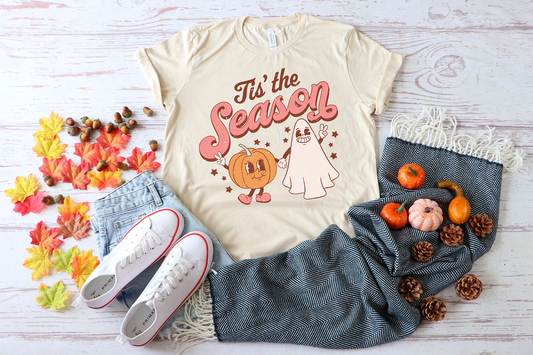 Ghost Pumpkin Tis The Season Adult Tee, Raglan, or Sweatshirt (Shown on Cream)